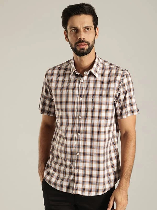 Indian Terrain Men's Slim Fit Half Sleeve Checkered White Shirt